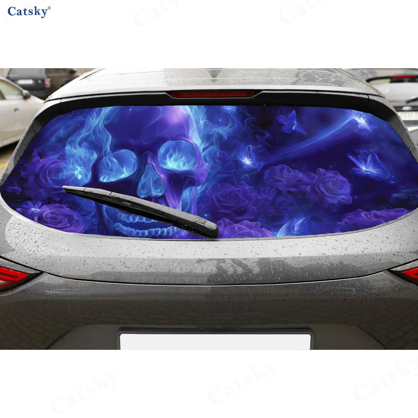 

Blue Flame Skull Rose Dark Fantasy PVC Perforated Car Vinyl Wraps, Durable Car Rear Windshield Sticker, Waterproof Car Rear Wind