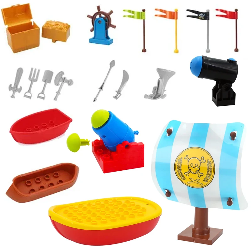 Big Particle Building Block Pirate Adventure Ship Rudder Pirates Sail Flag Jewelry Box Big Size Brick Accessory Boy Toy Kid Gift