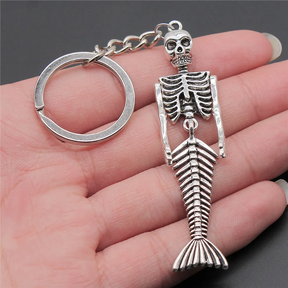 Souvenirs Gift Men Keychain 2 Colors 18x74mm Mermaid Skull Pendant Keyring DIY Metal Holder Chain image 5