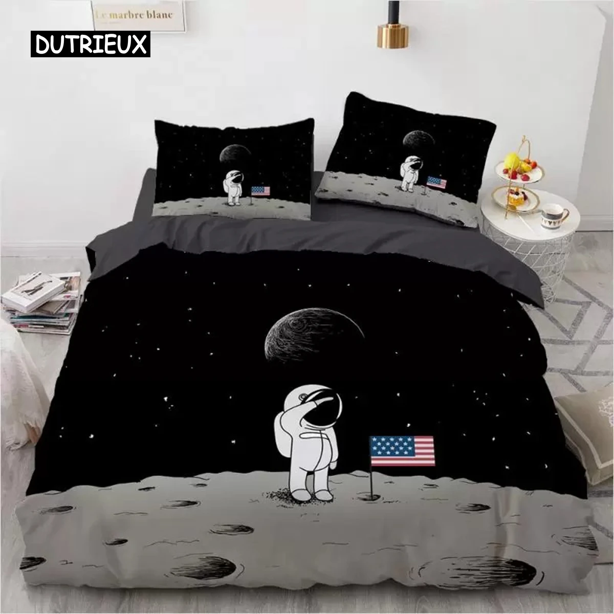 

Space Duvet Cover Set Microfiber Outer Space Astronaut American Flag Pattern Bedding Set for Boys Girls Queen King Quilt Cover