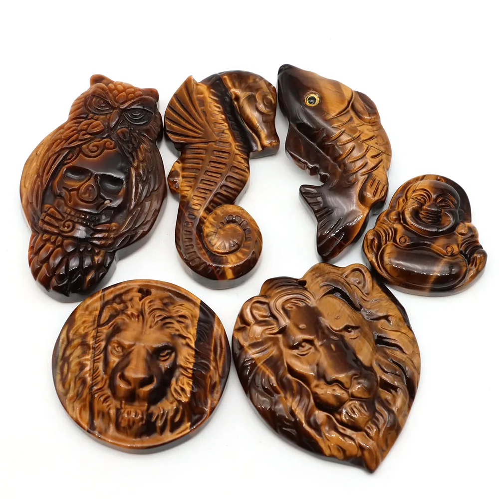 Natural Stone Tiger Eye Lion Carving Decor Gemstone Animal Polished Divination Healing Crystal Luck Amulet for DIY Jewelry Gift