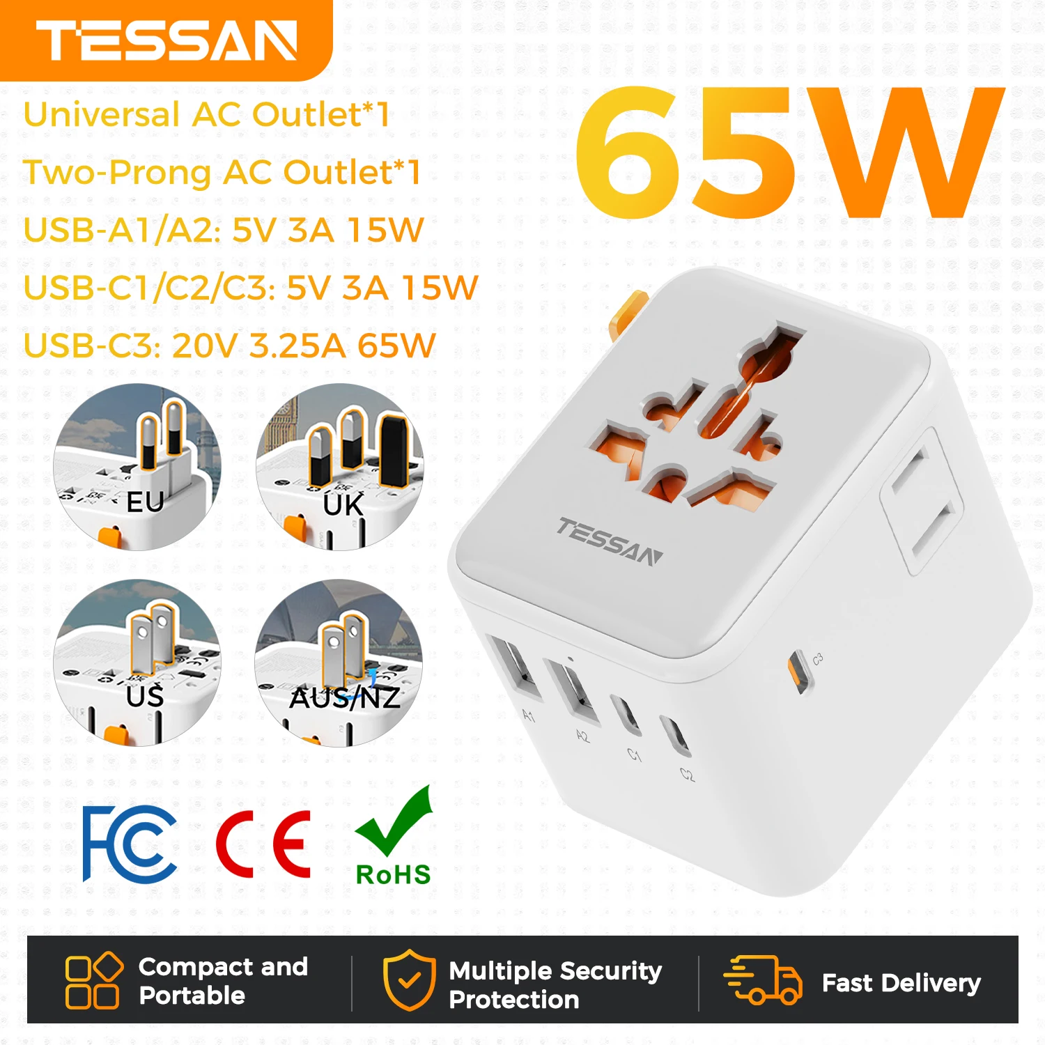 TESSAN 65W GaN universele reisadapter met USB-A+Type-C, alles-in-één 20W/28W adapter, snelladen, EU, UK, USA, AUS stekker voor reizen