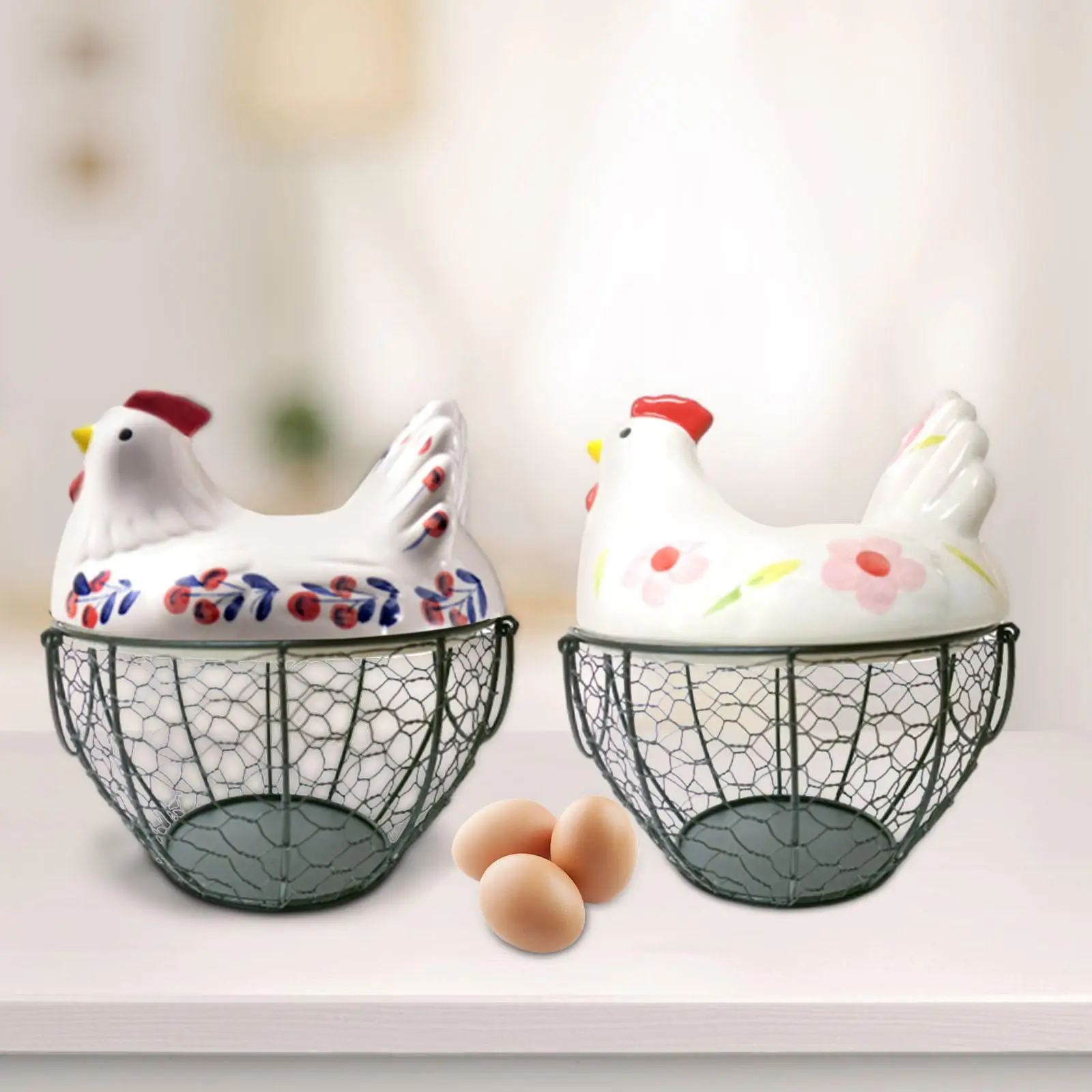 Chicken Egg Basket Cute Round with Ceramic Lid Organizer Case Chicken Egg Holder