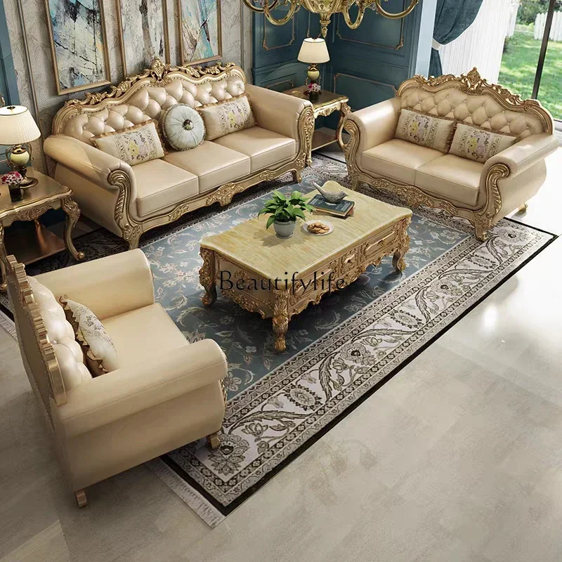 

Living Room Furniture High-Grade Solid Wood Carved Luxury First Layer Cowhide Leather Sofa