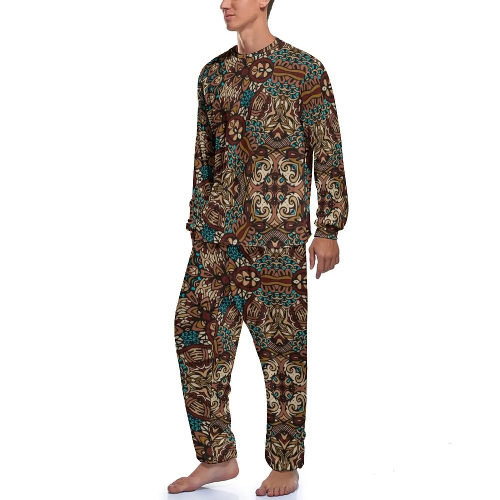 Bohemia Print Pajamas Colorful Retro Mandala Men Long Sleeve Lovely Pajama Sets 2 Pieces Aesthetic Autumn Graphic Sleepwear Gift