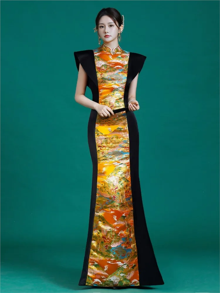 Improved new Chinese-style cheongsam dress for women long fishtail catwalk performance