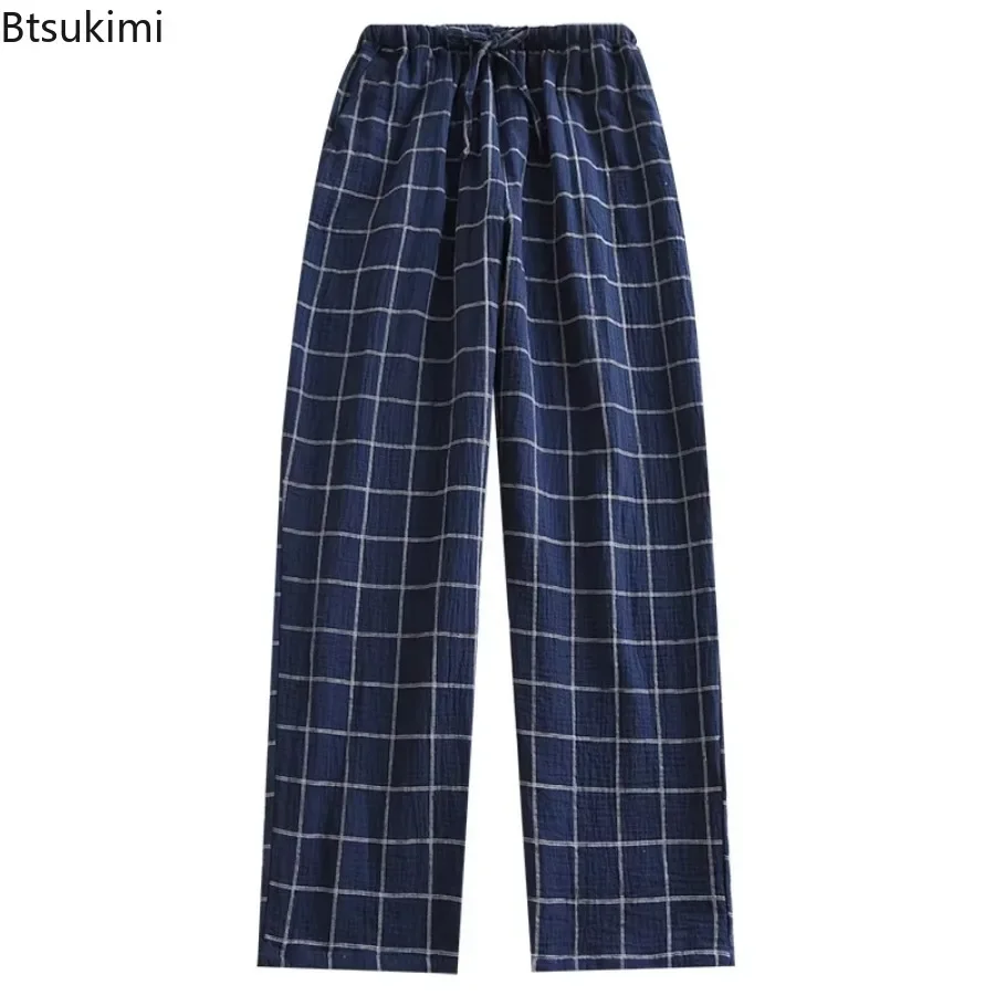 2024 Men\'s 100% Cotton Pajama Pants Classic Plaid Loose Lounge Home Trousers Elastic Waist Comfort Sleep Bottoms Male Large Size