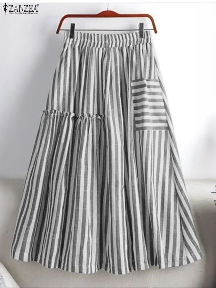 ZANZEA موضة النساء عالية الخصر مكتب شريط التنانير الخريف Jupes أنيقة ألف خط OL العمل Faldas Saia أنيق مطوي ميدي تنورة #2