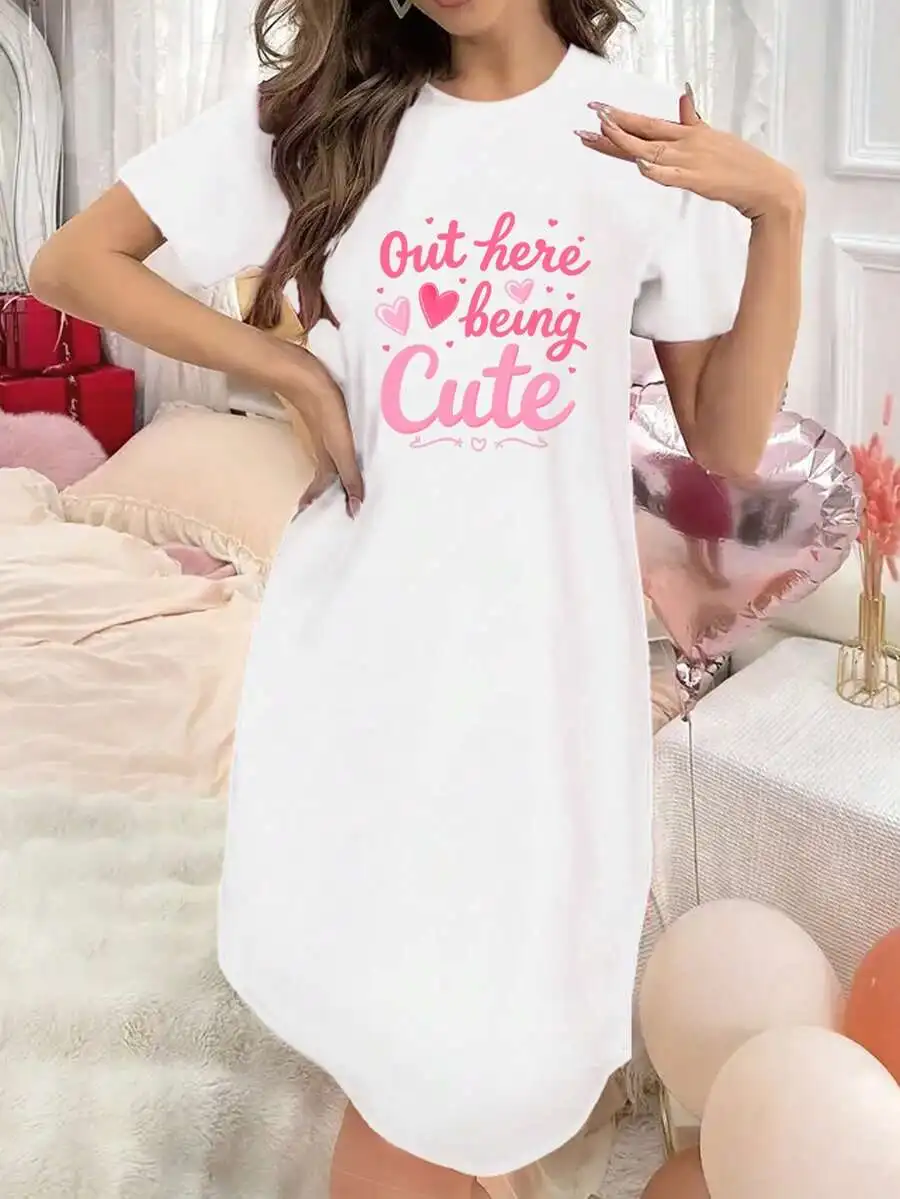 

Womens Cute Print T-Shirt Nightgown Loungewear Dress
