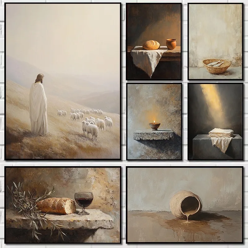 Minimalist Shepherd Jesus Bible Story Last Supper Symbols Christian Religious Poster Canvas Painting Wall Art Picture Home Decor