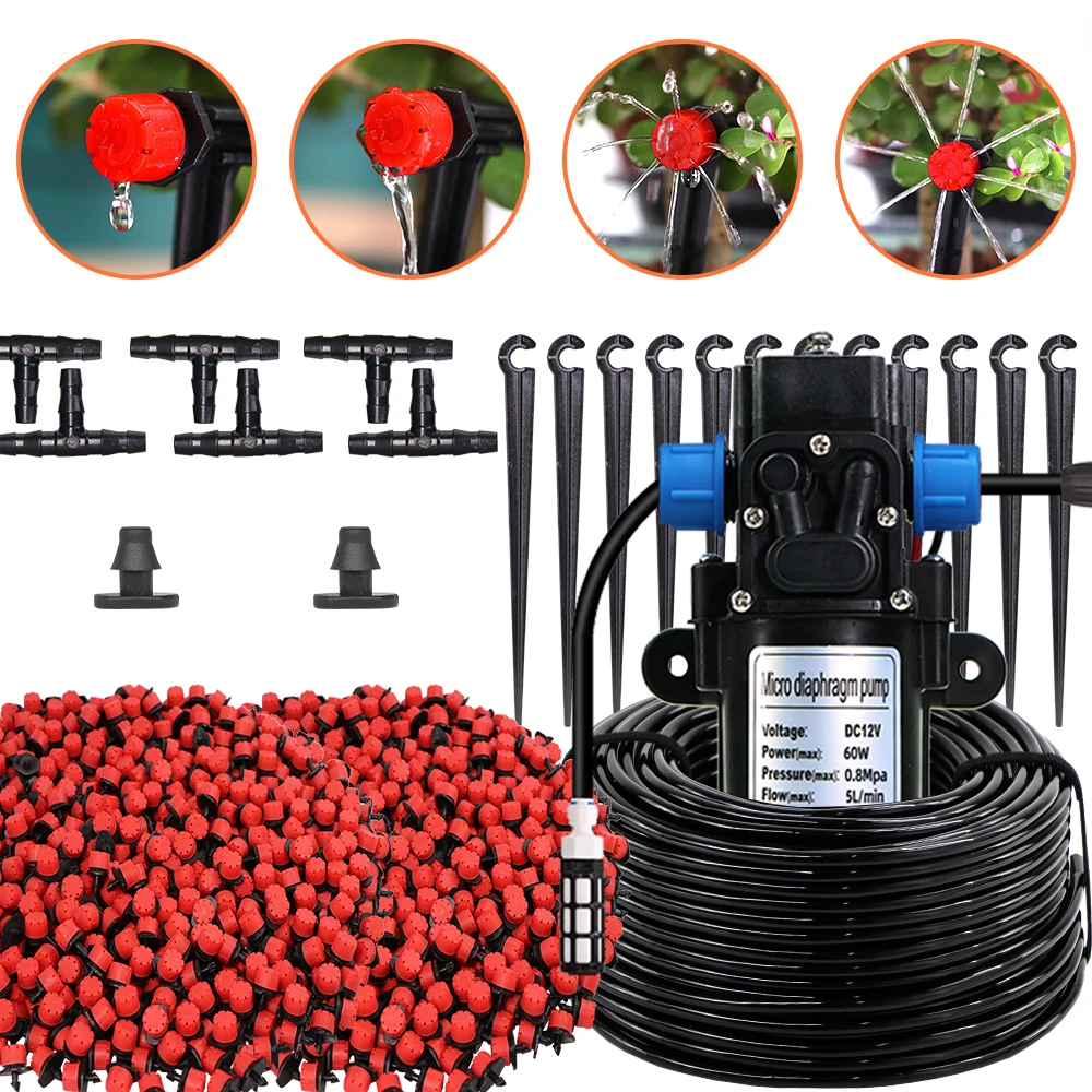 MUCIAKIE Efficient Garden Watering Hose Kit with 60W Self-Priming Pump, 110-240V Power Supply, and Versatile 8 Adjustable Drip