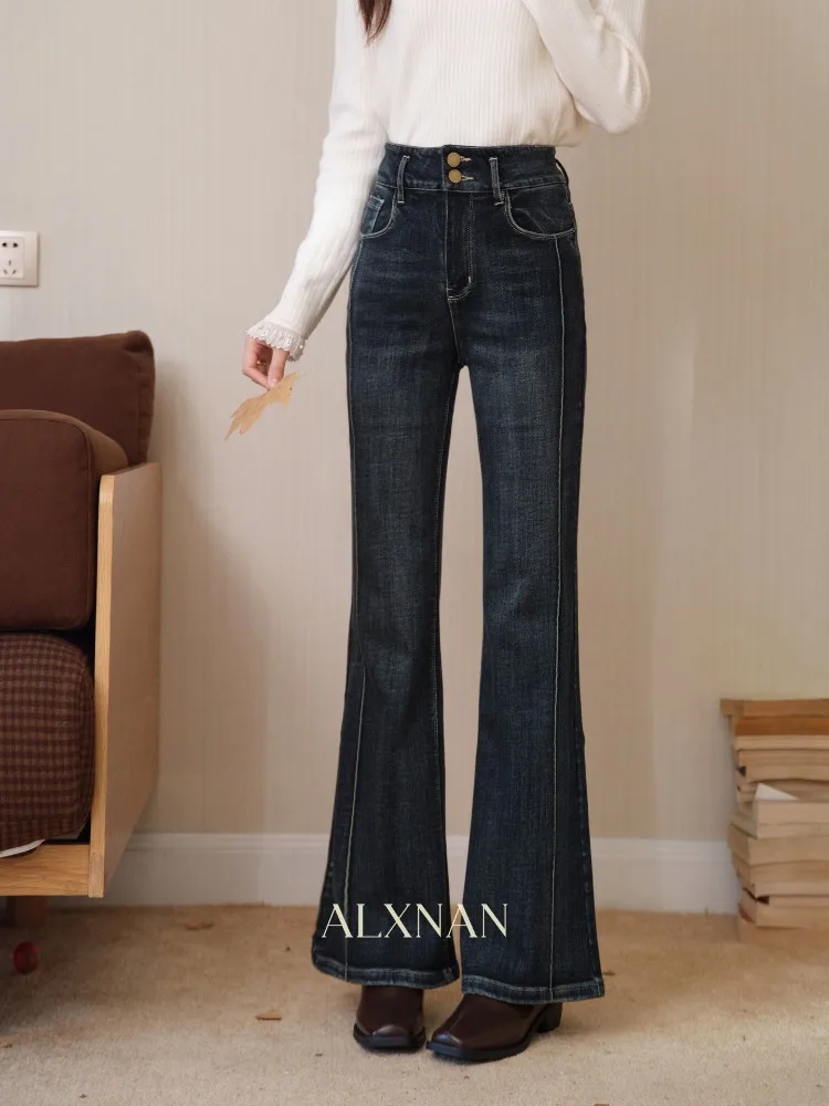 

ALXNAN Vintage Flare Jeans Women 2025 High Waist Winter Warm Baggy Denim Jeans Elegant Office Cotton Trousers Female L59633