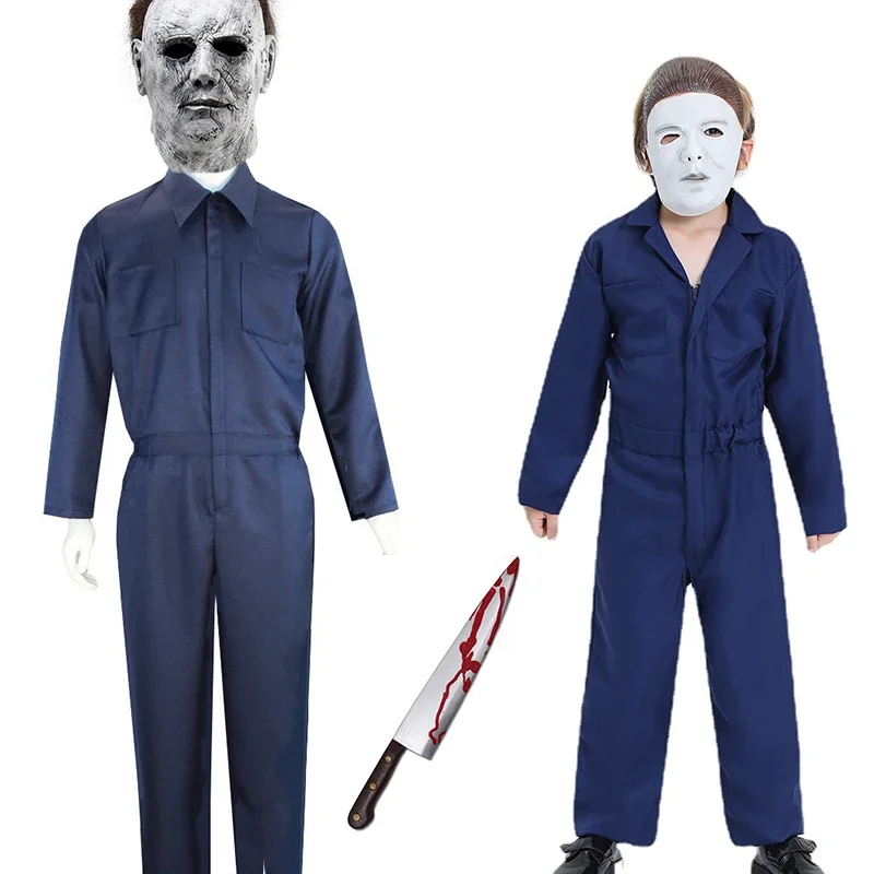 MICHAEL Myers ชุดคอสเพลย์ชุดจั๊มพ์สูทฮาโลวีนสำหรับผู้ใหญ่ชุดปาร์ตี้สำหรับเด็กงานคาร์นิวัลสยองขวัญเลือดนักฆ่า