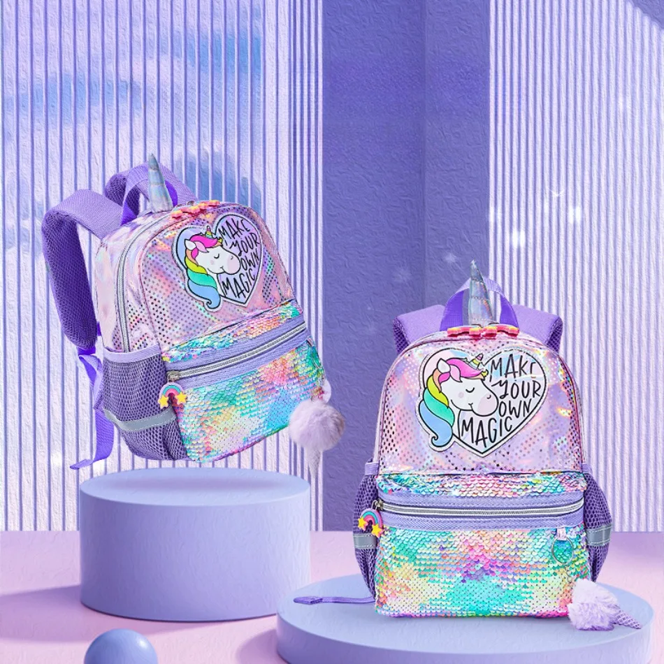 Backpacks For Girls 3-6yrs Holographic Laser Sequins Rainbow Unicorn Children\'S Kindergarten Bags Kids Anti-Lost Small Bags