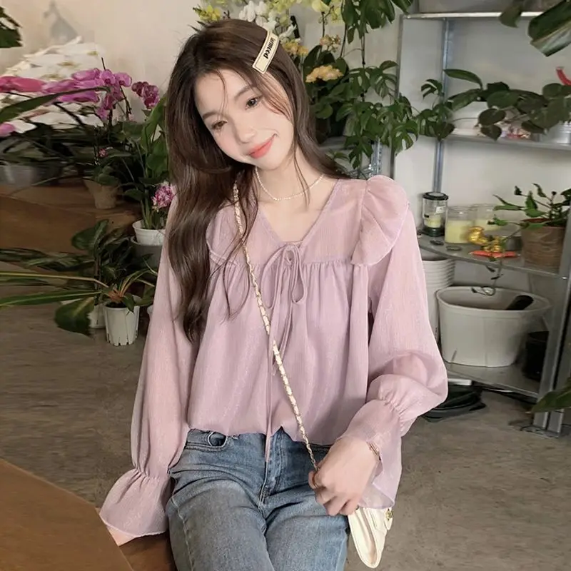 Korean Version Long Sleeves Ruffled V-neck Chiffon Shirt for Women\'s Spring Autumn New Gentle Style Super Fairy Lace-up Chic Top