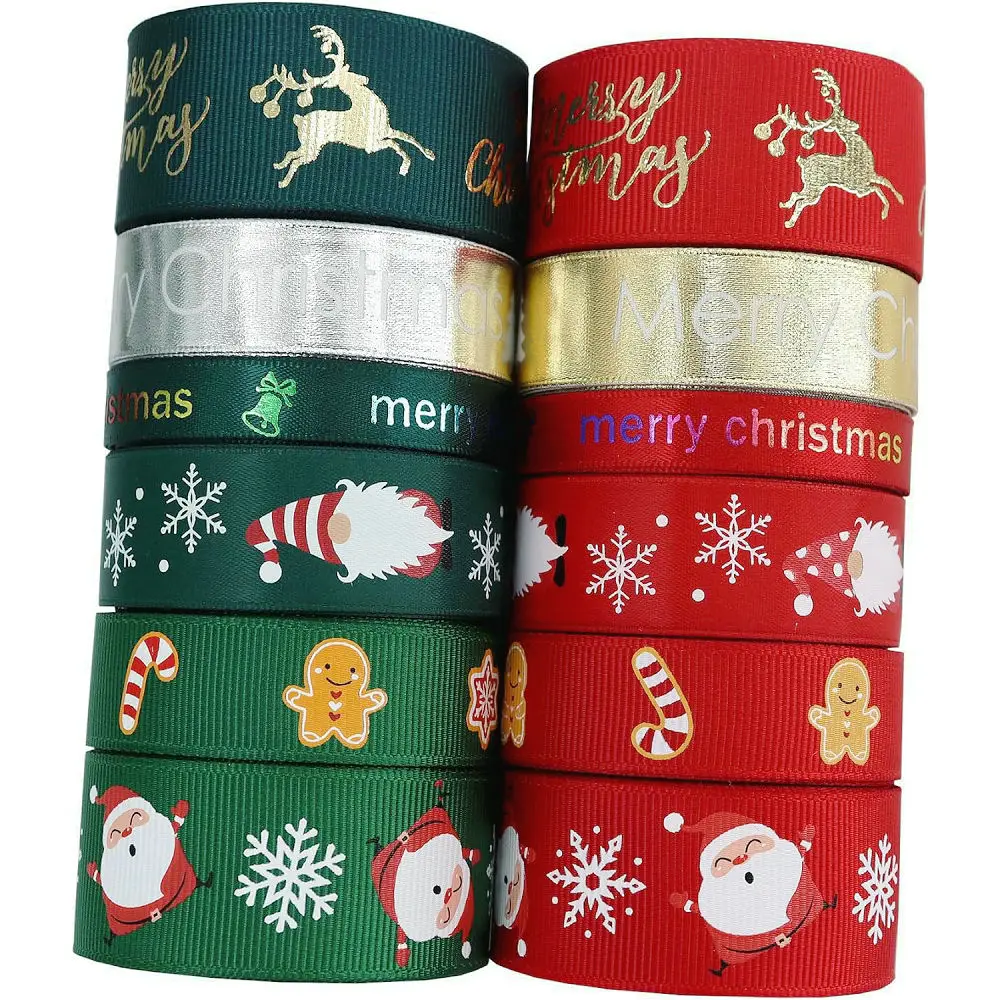 Christmas Ribbon Grosgrain Satin Glitter Xmas Ribbons For Gift Wrapping DIY Crafts Decorative Sewing Hair Bow Yule Party Favors