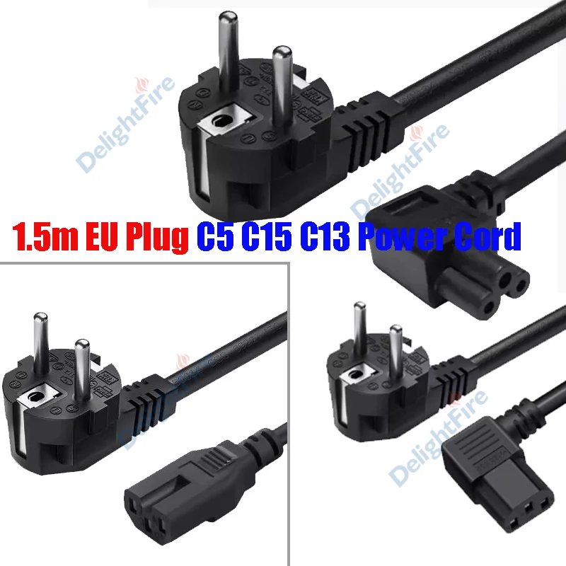 European Plug To C5 C13 90 Degree Power Cord Type E/F Plug C15 EU Power Supply Cable For Notebook Laptop PC Computer Monitor