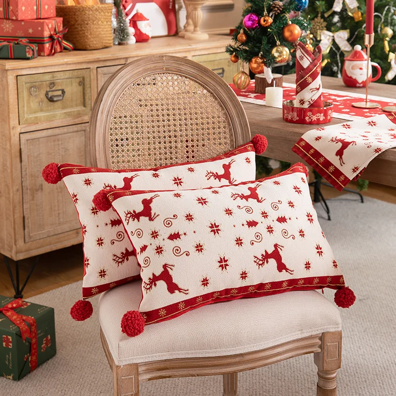 Christmas Yarn-Dyed Jacquard Cushion Cover 30x50 Cartoon Elk Holiday Decoration Home Sofa Pillowcase Christmas Pillow Covers