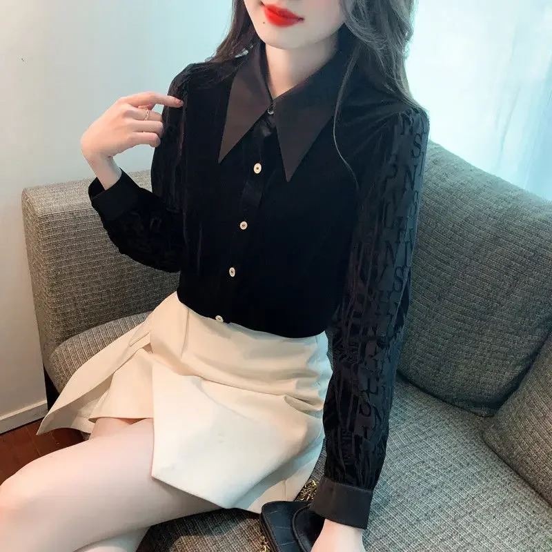 Female Tops Spring and Autumn Black Full Long Sleeve Women\'s Shirt Blouse Button Up Elegant Social Youthful Luxury High Quality