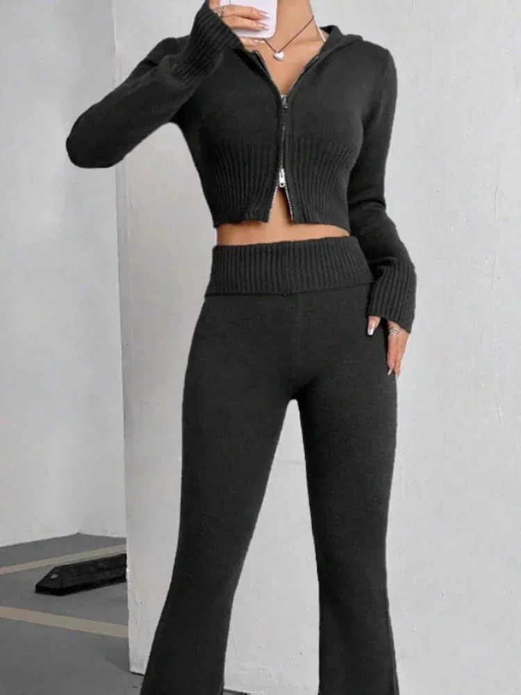 Autumn Winter Streetwear Knitted Two Piece Set Women Zipper Hooded Pit Strip Top Low Waist Bellbottom Long Pants Tracksuits