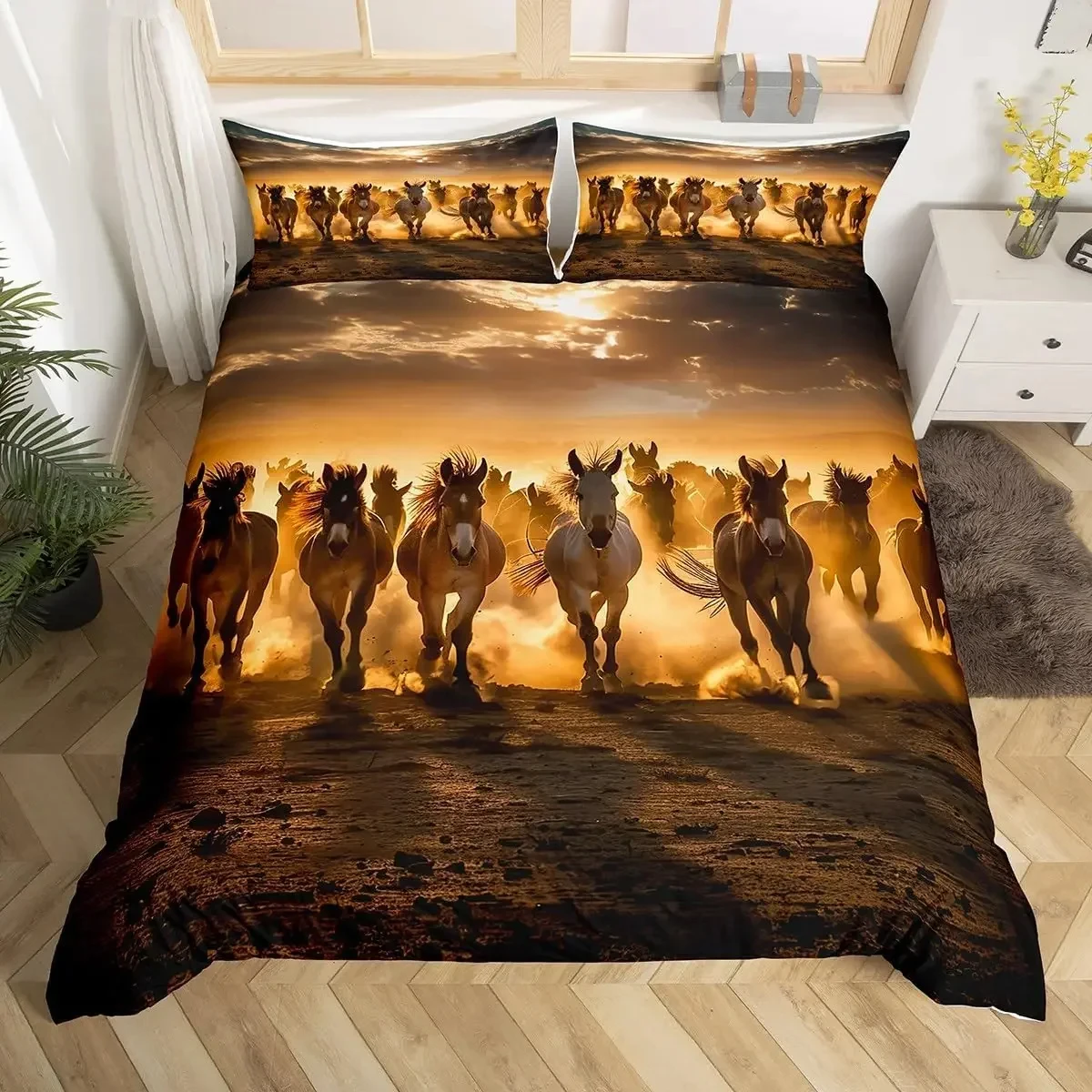 

Kids Horse Bedding Set Twin King,Galloping Horse Comforter Cover Boys Girls Wild Animal Duvet Cover Galaxy Print Bedspread Cover