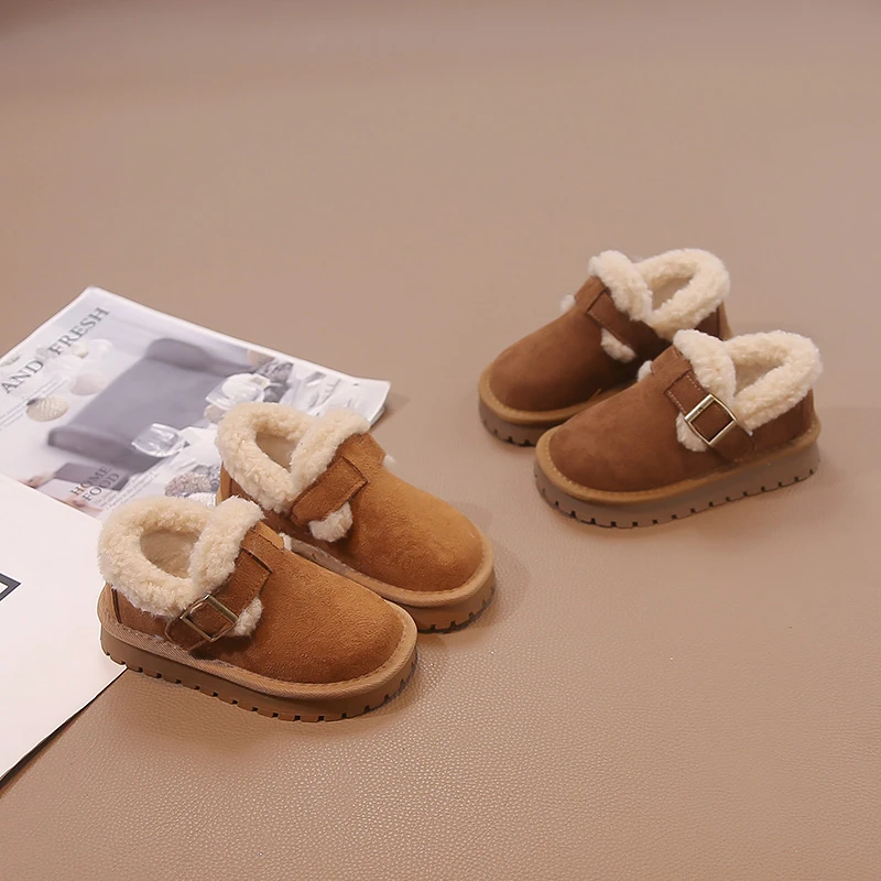 

Little Girls Thick Fluffy Lined Leather Boots with buckle 2025 New Winter Kids Platform Snow Boots Non-slip Simple School Boots