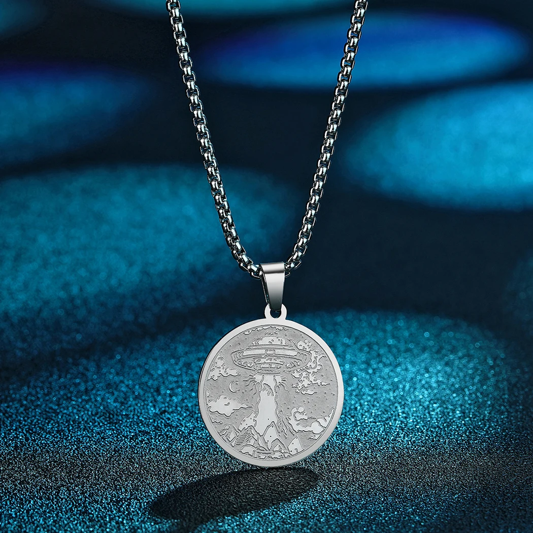 Todorova Laser Engraved UFO Stainless Steel Alien Round Pendant Necklace For Women Men Mystical Jewelry Unique Gift