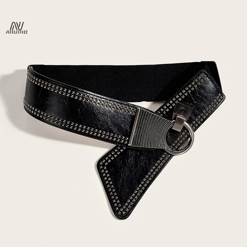 Maikun Fashion Punk Rocker Wide Belts for Women Elastic Wide European Style Women Belts Metal Round Buckle