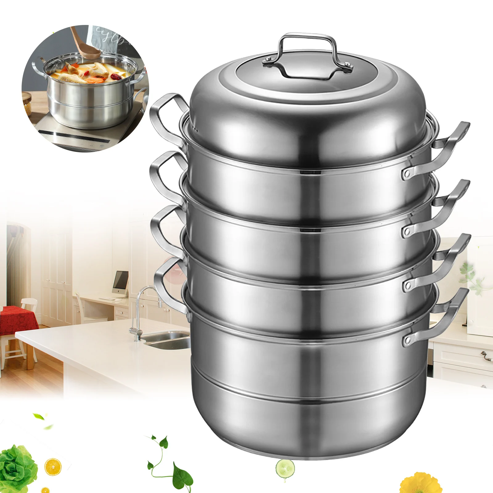 

5 Tier Stainless Steel Steamer Cookware Steam Pot Food Cooker Pot +Lid for Induction and Gas Cooker Kitcken