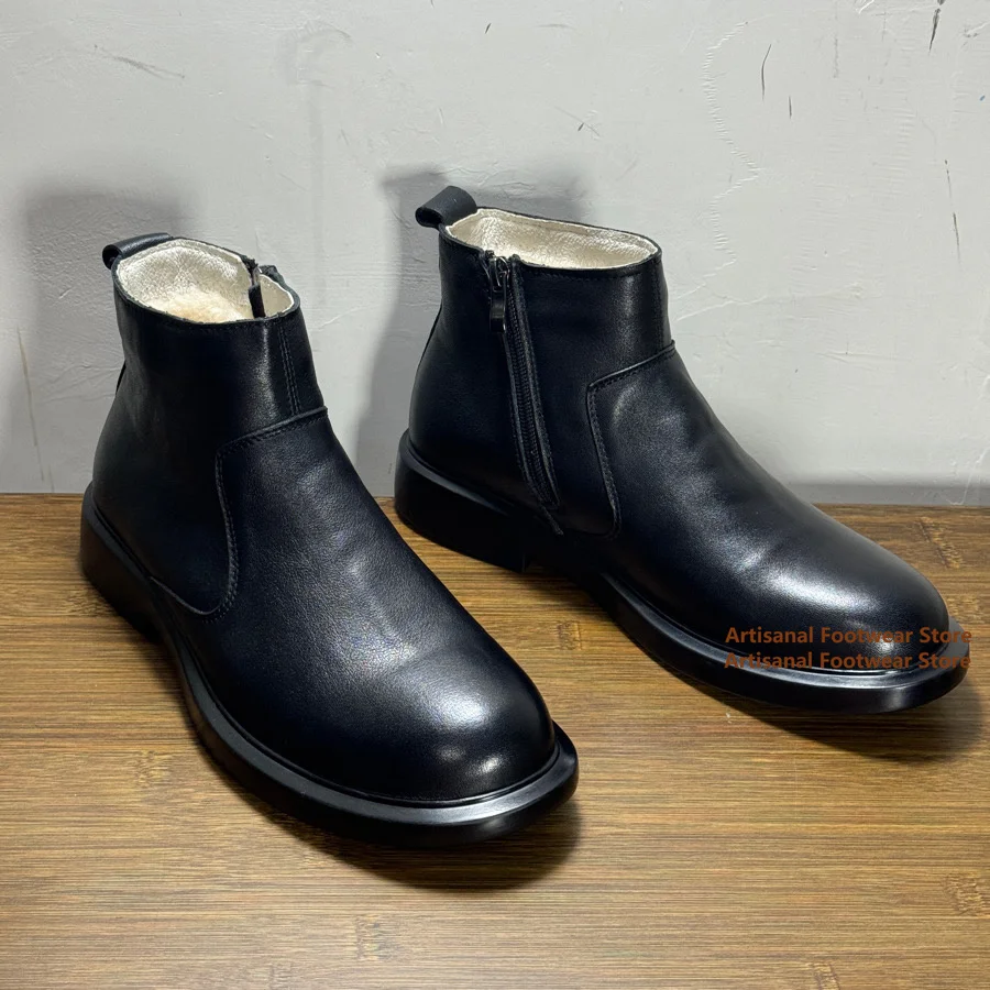 High Top Plush Chelsea Boots Round Toe Side Zipper Sheepskin and Wool Integrated Ankle Snow Boots Winter Warm Men's Boots