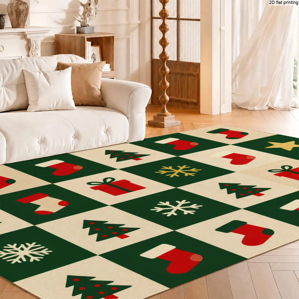 1pc Large Themed Area Rug, Green Beige Plaid with Red Stockings, Trees, Gift Boxes & Snowflakes, for Patio, Living Room