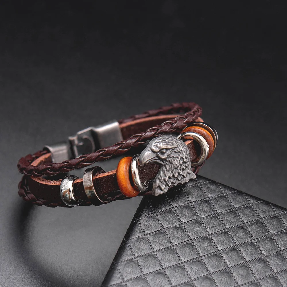 Alloy Eagle Head Design Multilayer Handmade Wove Leather Bracelet Vintage Men Casual Fashion Hand Chian Jewelry Accessory Gift