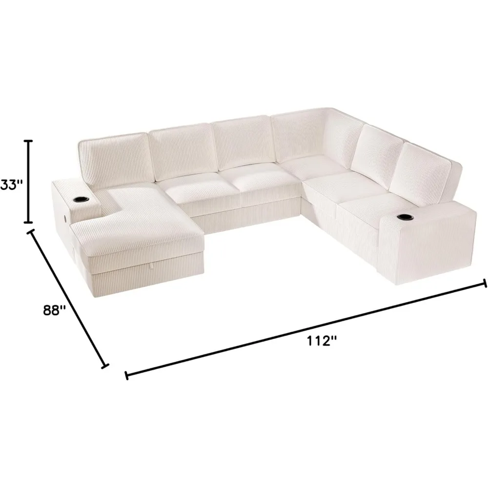 Sofa, 112 Inch U Shaped Sofa with USB Ports, Corduroy Sectional Sofa Couch with Storage Chaise for Living Room, Oversized Sofa