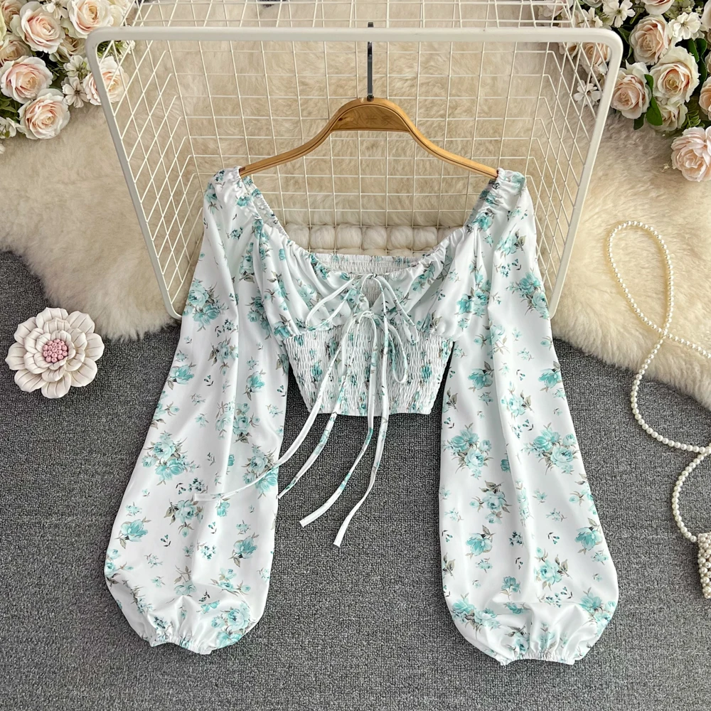 Spring Autumn Sweet Women Floral Shirts Fashionable Square Collar Lantern Long Sleeve Lace-Up Folds Short Female Blouse