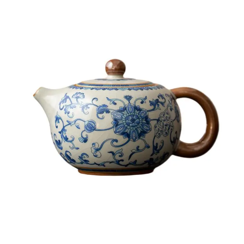 

Blue and white Ru kiln, teapot, tea making, household tea set full of flowers painted with gold enamel color entangled branches