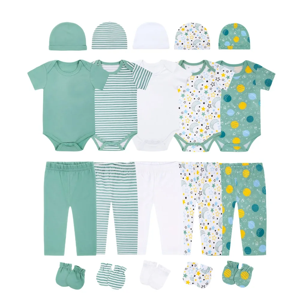 baby girl boy unisex clothes green blue cotton 20 pieces set 5 onesie 5 pants 5 gloves 5 hats newborn romper sets infant outfits soft homewear best gift for new mom