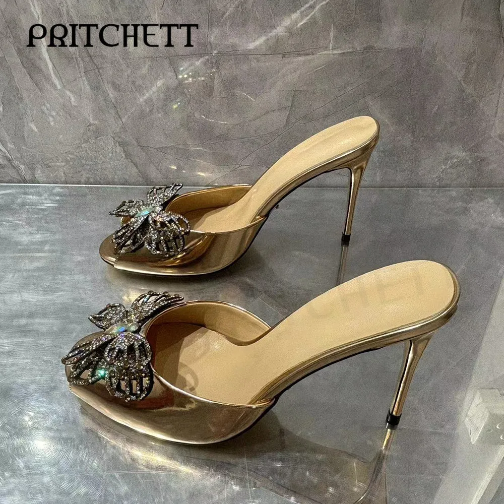 

Rhinestone Three-Dimensional Butterfly Slippers Gold Patent Leather Fish Mouth Round Toe High-Heeled Sandals Women's Shoes