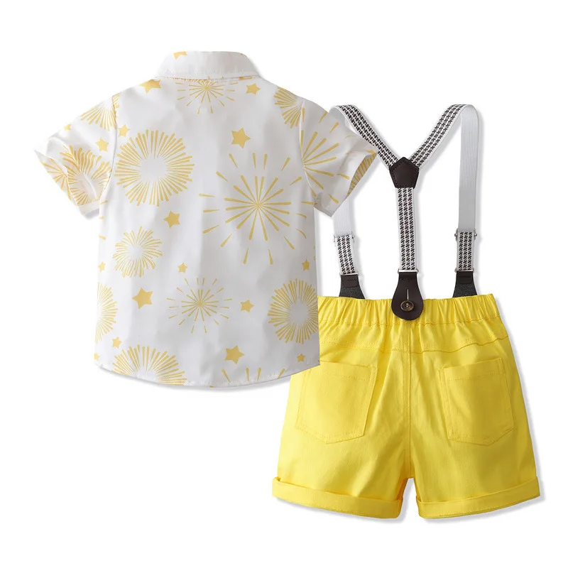 4Piece 2023 Summer Baby Boy Clothes Fashion Gentleman Tie Short Sleeve Cotton T-shirt+Shorts+Straps Children Clothing Set BC397