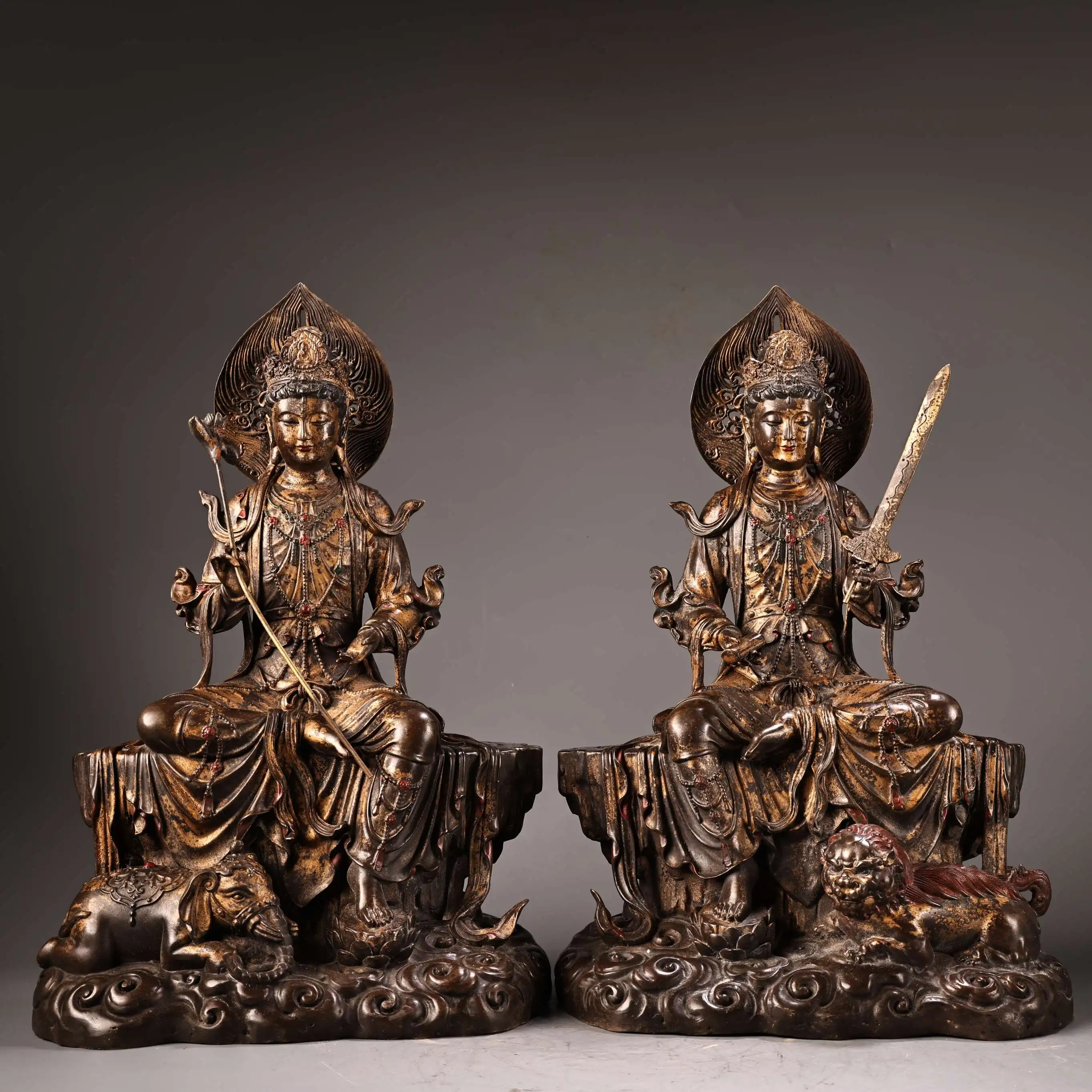 

17"Tibetan Temple Collection Old Bronze Gilded High Relief Manjusri Bodhisattva Buddha Samantabhadra Sitting Buddha Worship Hall