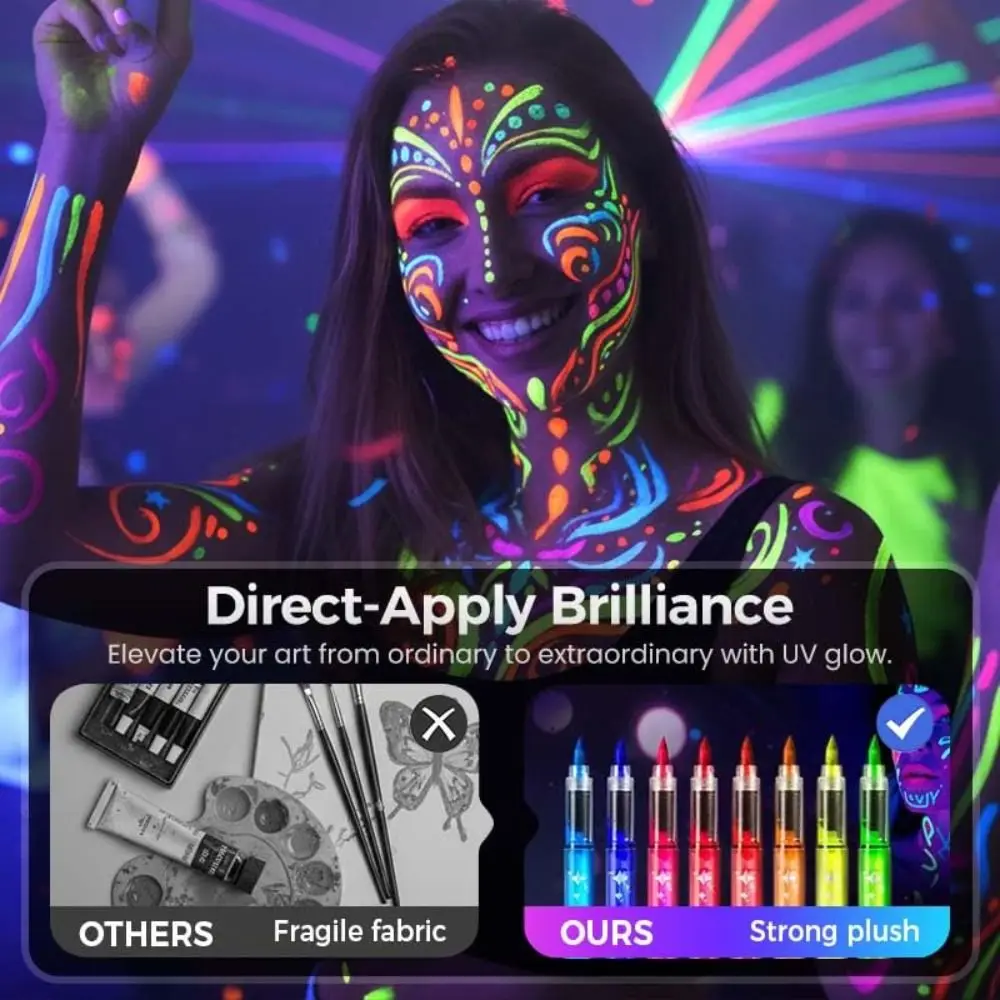 12 Colors Glow Face Paint Markers Black Light Reactive Easy Wash Off UV Neon Face Paint Water-Based Non-Toxic