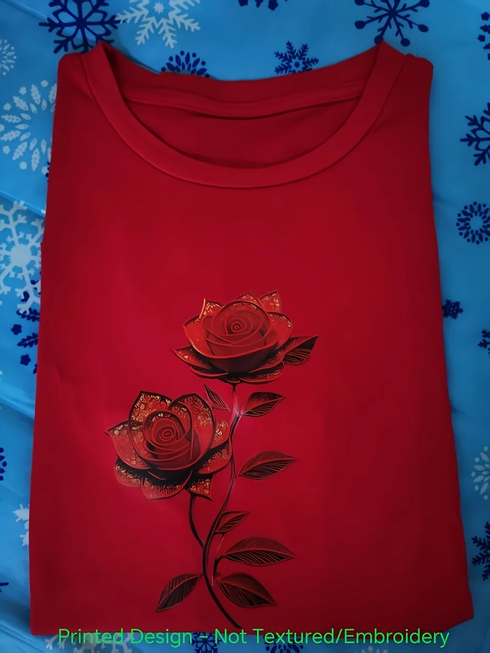 Damen-T-Shirt mit rotem Rosen-Blumendruck, kurzärmelig, lässiger Sportstil, für den Sommer, Valentinstag, Freizeitkleidung – Detail 6