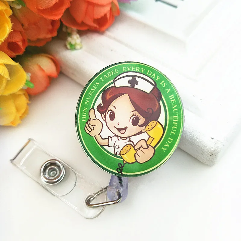 1set Staff Workers Work Card ID Tag Badge Holder with Retractable Cartoon Nurse Doll Badge Reel Horizontal Working Permit