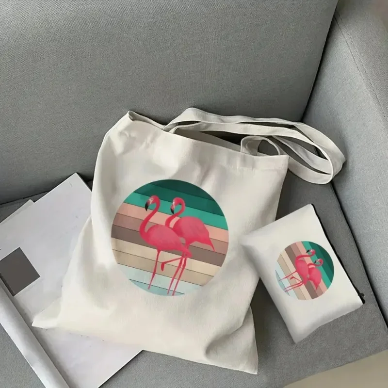2pcs Flamingo Handbag Cosmetic Bag Set Fashion Canvas Shoulder Bag Eco-friendly Large Capacity Portable Shopping Bag Schoolbag