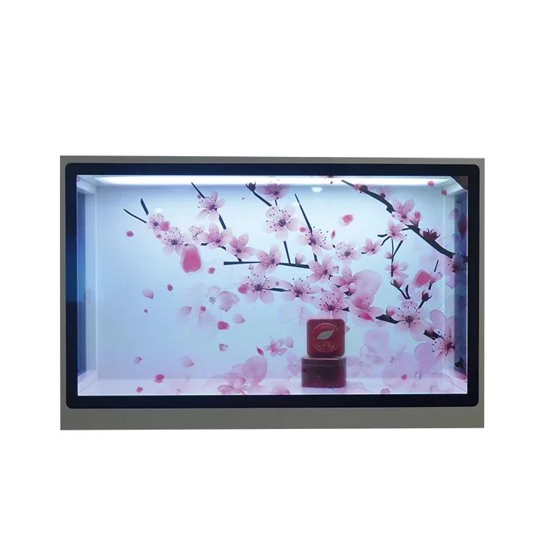 Benutzer definierte 3d lcd werbung display full hd sehen durch transparente lcd schrank wifi transparente lcd vitrine box