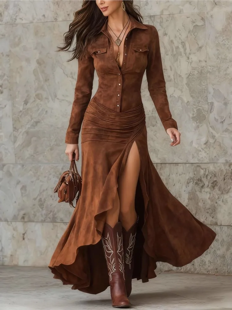 Alternative view of Otoño Invierno elegante botones sólidos vestidos ajustados con abertura mujeres cuello en V profundo manga larga Maxi vestido moda volantes vestido de fiesta