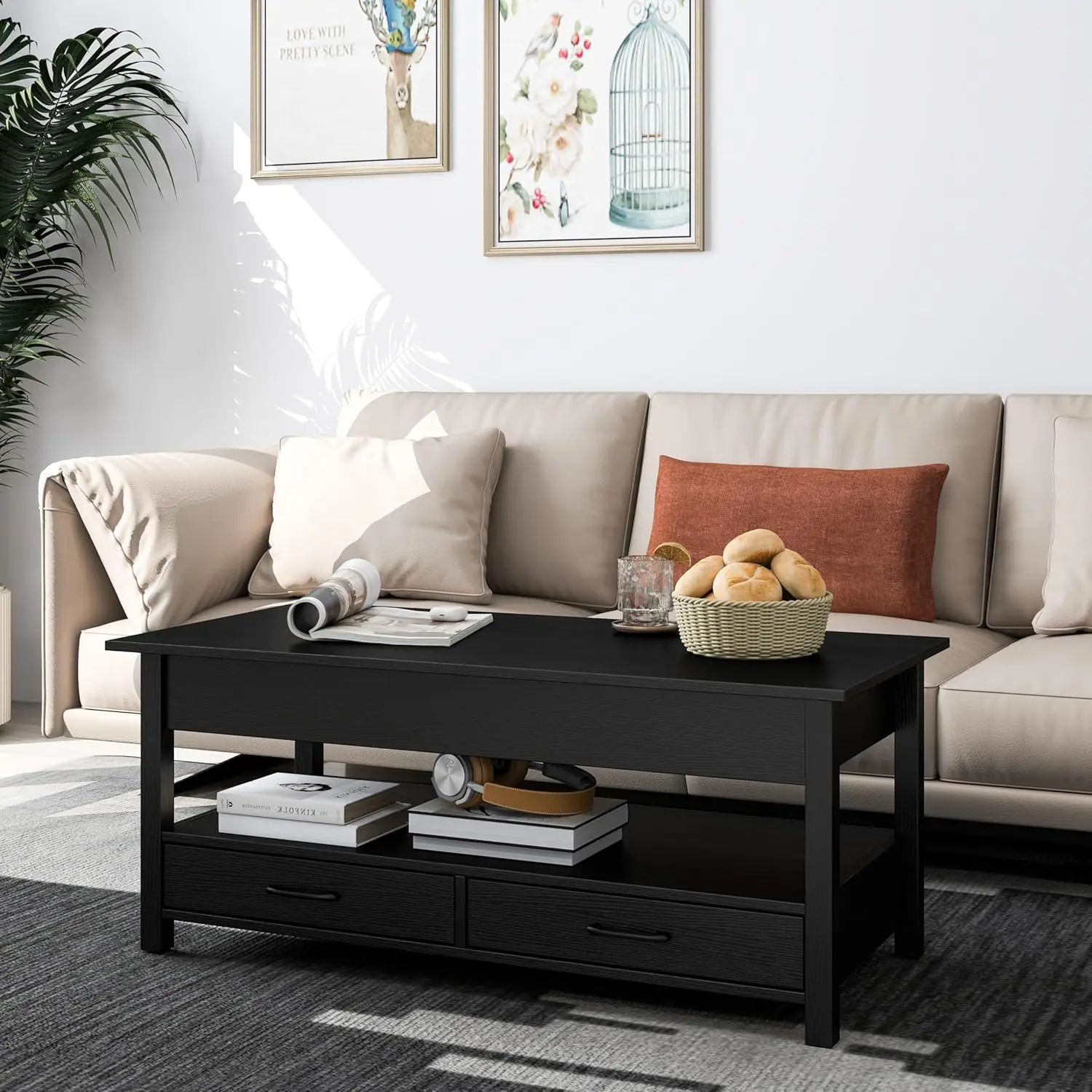 Levante Top Coffee Table com compartimento escondido, 2 gavetas e 1 prateleira aberta, preto