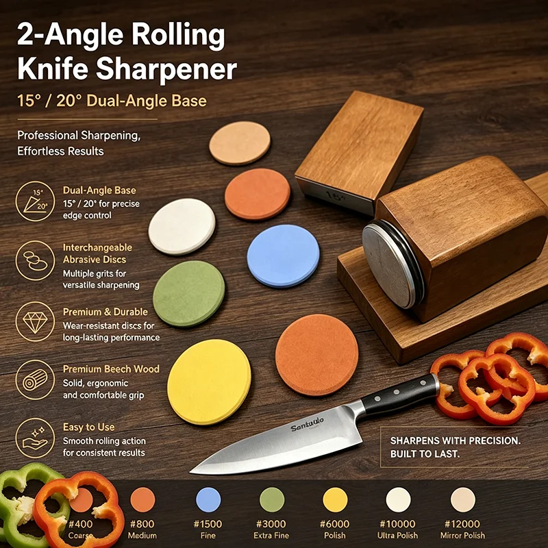 New 2-Angle Rolling Knife Sharpener 15°/20° Tool With Replaceable Abrasive Precision Manual Chef Kitchen Knife Sharpening System