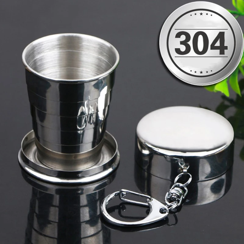 75/150/250ml Stainless Steel Folding Cup With Keychain Retractable Telescopic Collapsible Cups Portable For Camping Travel