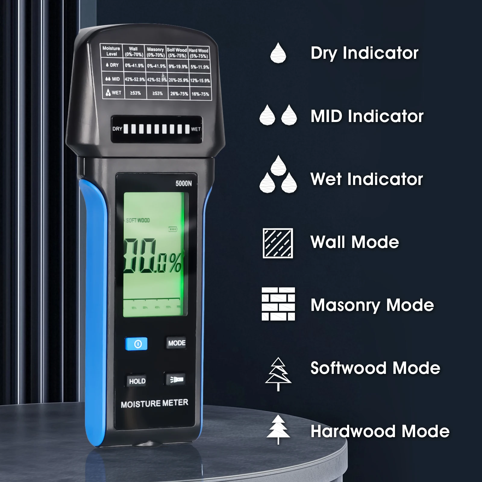 

Auto Alert Rechargeable HoldPeak Multi-Material Moisture Meter - 4-in-1 Inductive Sensor, 0-75% Range HP-5000N