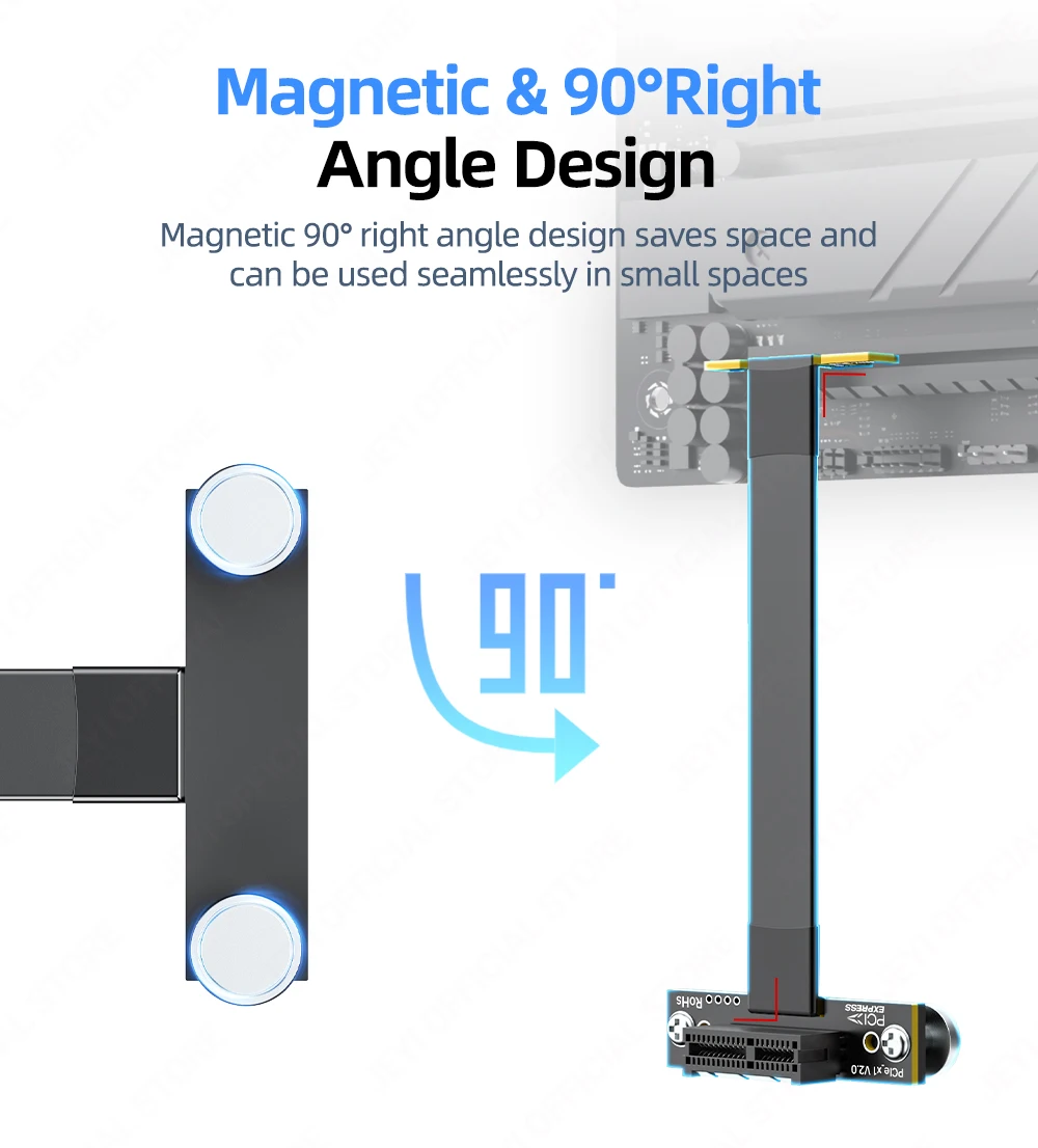 JEYI PCIe 4.0/3.0 X1 Magnetisches Fixierungs-Riser-Kabel 16 Gbit/s/8 Gbit/s – 90 ° Doppelwinkel für PCIe-WLAN-Karte, M.2-Adapter, USB-PCIe-Karte – Detail 5
